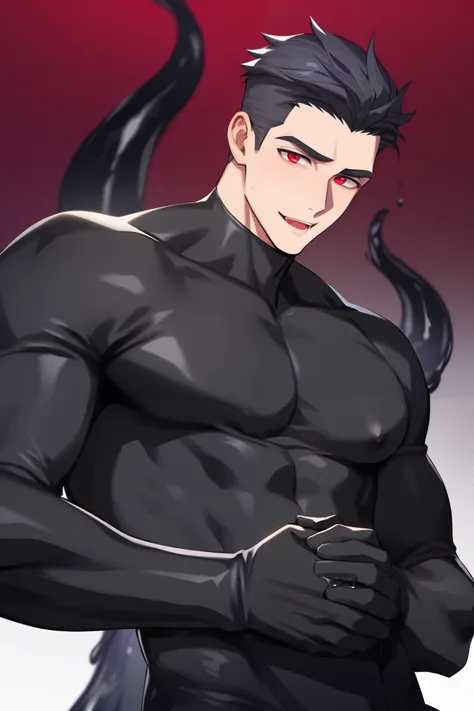 50 years old man anime character: anime handsome．adult man ．High image quality. Muscular, Handsome man in a tight black latex suit handsome.asia handsome．black hair．red eye．guile hair． guile hair,A black liquid with a high amount of mucus that clings to th...