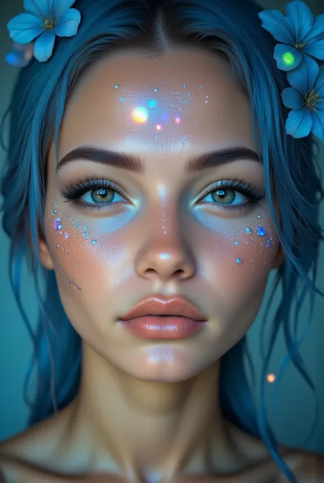 Picture prompt: A close up of a woman with blue hair and a flower in her hair, her makeup radiant and intricately detailed in Unreal Engine. Her skin is wet and shimmering, slightly tanned, showing every pore and curve in high definition.

Imagine a captiv...