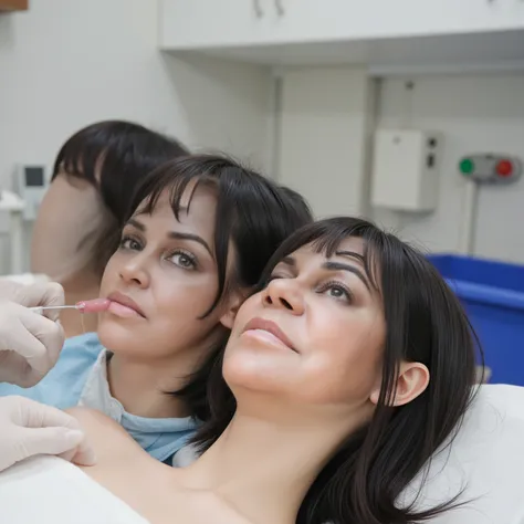 Super realistic picture of three beautiful young japanese women's disembodied heads on a dissecting table in side view. The heads are side view. They have beautiful, straight, thick, smooth, silky, jet black straight bob hairs, with thick bangs. Their eyes...