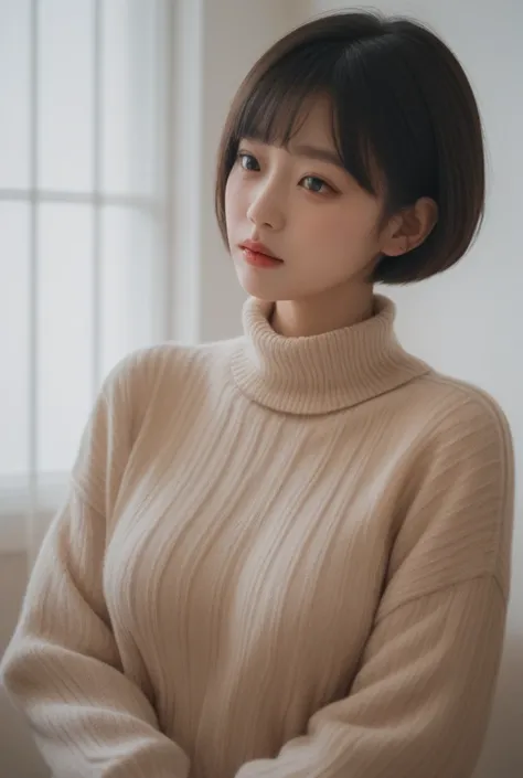 Asian beauty with short hair, short bangs, 30 years old, wearing a sweater 