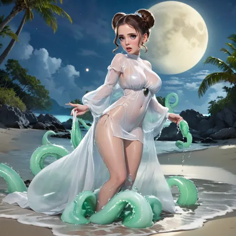 a beautiful woman with sexy venera's face dressed as Princess Leia in a translucent white sheer gown, revealing her body, with an iconic side bun hairdo, no underwear, she is walking along an alien beach by moon light where she is confronted by the (cybern...