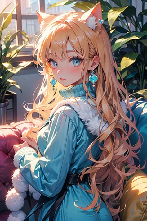  sparkling eyes like blue topaz, 1 girl,light orange brown long hair,Cat ears, earrings, necklace, looking back, Faux Fur Coat ,Put on a blanket, turtleneck long dress, Long Sleeve,Upper body only shot ,Warm sunshine,greenhouse,rainbow, cushion,sofa, Snowf...