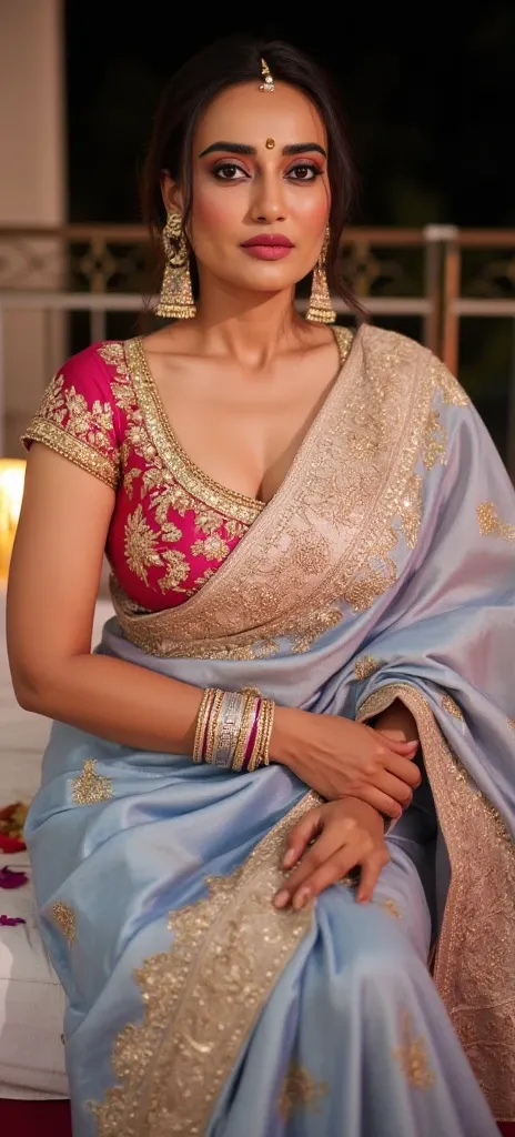 a hot black haired voloptous indian woman with model face in a glittering intricate embroidery baby blue and white printed saree, ((Hot Saree)), big beautiful huge 36DDD breast, with push up u cut deep neck red blouse, bare cleavage full image curvy navel,...