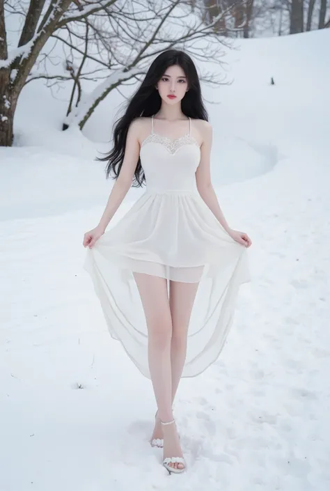 A girl， white dress， long legs，Background is snow， long black hair，面对镜头， full body shot 