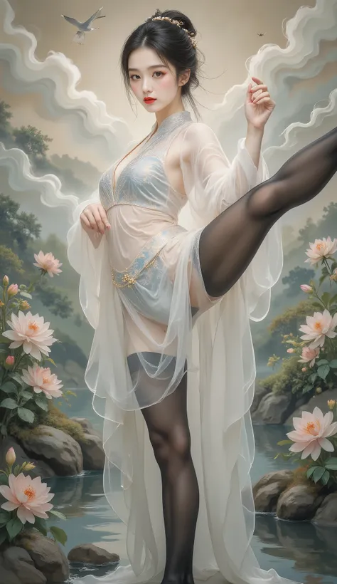 standing splits，chinese clothes，cloud ，makeup，red lips ，smoke ，waves，floating hair ，floral background  ，flower ，8k, masterpiece, best quality, Two-dimensional, (Chinese traditional ink painting:0.2), (perfect hands:1.4),black stockings，Wearing white light ...