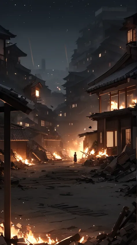 /imagine prompt: a distant view of a post-earthquake scene in Japan at night, showcasing the ruins of wooden structures. The remnants of buildings are scattered, with broken beams and shattered walls silhouetted against the starry sky. A faint glow from sc...