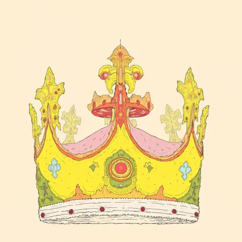 Hand-drawn、crown、yellow、red、green、 simple background、Vintage style 