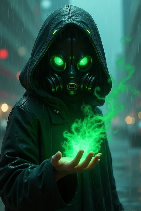  youth、 Cyber、reverse gas mask、Hood with green light lines、 wearing a hood 、 my eyes are glowing green、cool、I'm holding green slime with my hand、Background is a night city、 It's raining