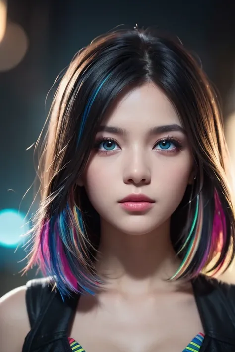 {{Masterpiece}},  best quality ,  Highly Detailed CG Unity 8K Wallpaper,  Cinematic Lights,  lens flare ,  beautiful detail eyes , black,  Sideways glance,   multi colored hair,  colorful  light, particle, Heterochromia, ( colorful :1.5), ( colorful  hair:...