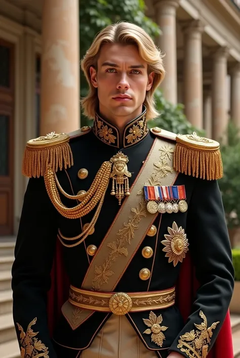 Prince handsome man,  wears royal uniform, brown eyes blonde