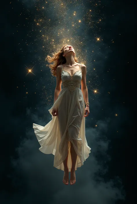 Woman surrounded by sparkling stars in black space
