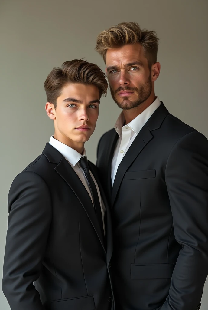 A Dad and one son handsome European still very young they are handsome and hot blonde hair and brown hair, son is 20 year old and dad 42 year old in suits