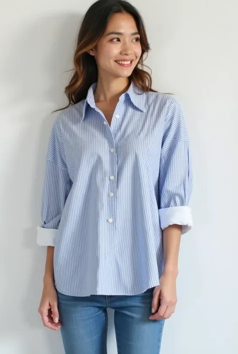 Design an oversized shirt inspired by daily casual. The oversized shirt should feature with details such a long puff sleeve with big opened cuff. The color palette for the oversized shirt should be stripes blue and white with white collar and big cuff and ...