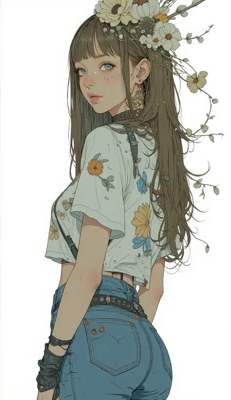  1 girl,  sexy,  enchantment,  blue eyes,  freckles,  closed her mouth,  smirking ,  brown hair,  long hair, bangs with lots of flowers 、  t-shirts,  jeans,  small boobs, Wide hips,  thighs, round ass,  from behind, White background, (  cartoon style  )