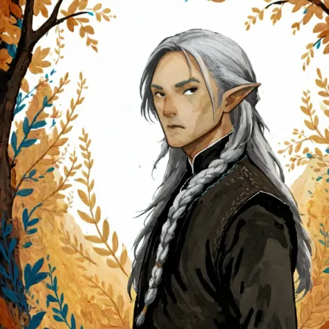2D ART, hyper detailed gouache painting, illustration, gougoupaintleaves style, portrait of a man, 1boy, solo, long_hair, braided brown hair, high_ponytail_hairstyle, male_drow:1.5, dark elf, black eyes, black_sclera, detailed face, handsome features, dark...