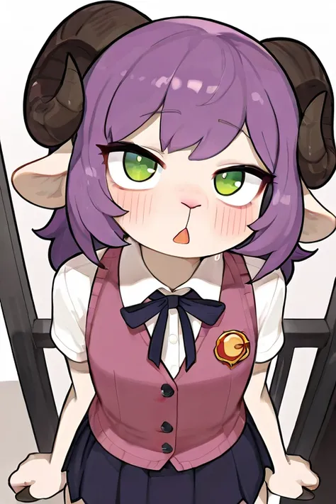 ( — nothing ), (( masterpiece)) , (( best quality )),   Illustrations ,  anthro, purple hair,  green eyes,  blush, flat chest, Boy,  hair, овцы horns,  looks at the viewer ,  One,  Talking to the viewer , фиолетовые  hair, длинные  hair, sheep horns, овцы ...