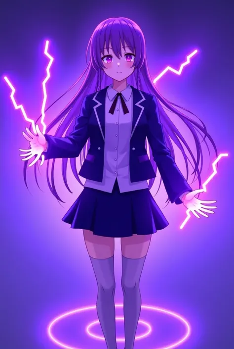 1girl,urple hair, purple eyes, glowing eyes, electricity,Silk stockings, jackets, lightning, Short skirt,Artifacts,purple magic, aura, full body,magic circle, braids,very long hair,hair flowe,tarry sky ,