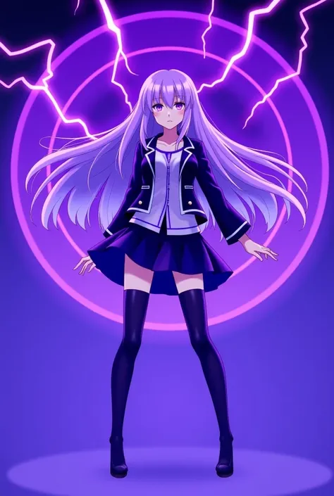 1girl,urple hair, purple eyes, glowing eyes, electricity,Silk stockings, jackets, lightning, Short skirt,Artifacts,purple magic, aura, full body,magic circle, braids,very long hair,hair flowe,tarry sky ,