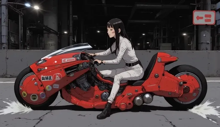 Akira Slide 、 Beautiful Japanese Woman 、White rider suit,  black hair,  straight long hair、 stylish hair 、 is anatomically correct、Akira Bike、Expressway、 dark lights 