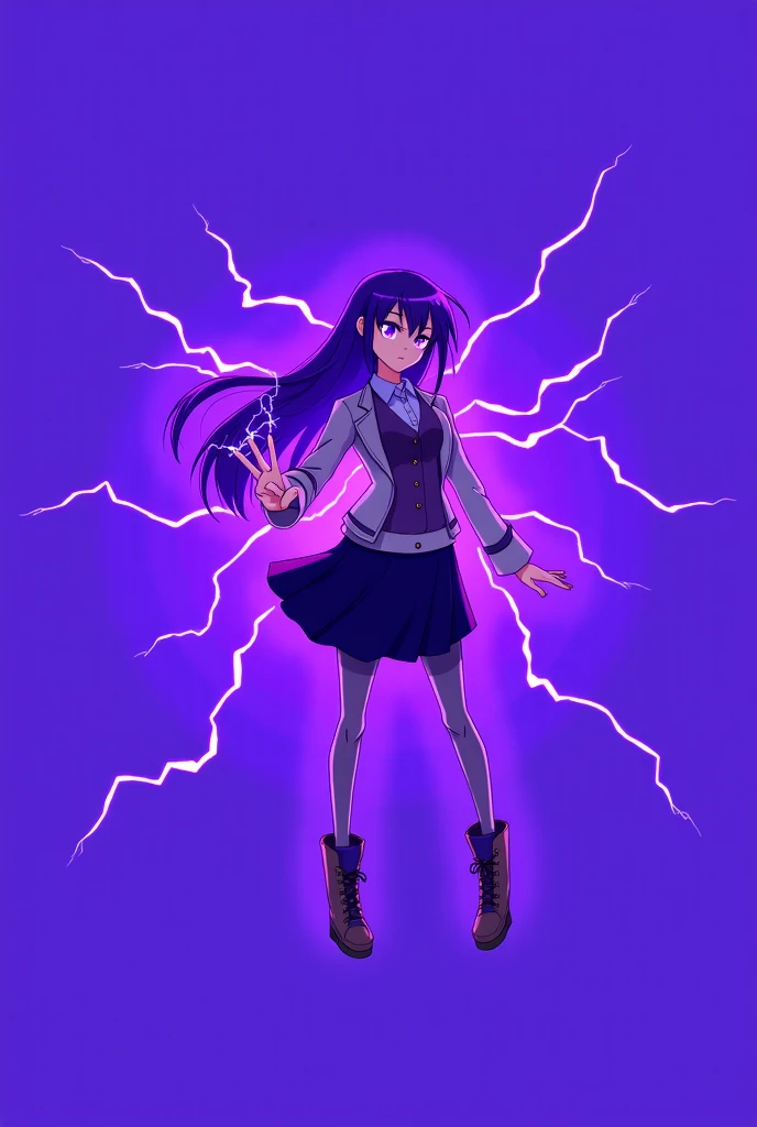 1girl,urple hair, purple eyes, glowing eyes, electricity,Silk stockings, jackets, lightning, Short skirt,Artifacts,purple magic, aura, full body,magic circle, braids,very long hair,hair flowe,tarry sky ,