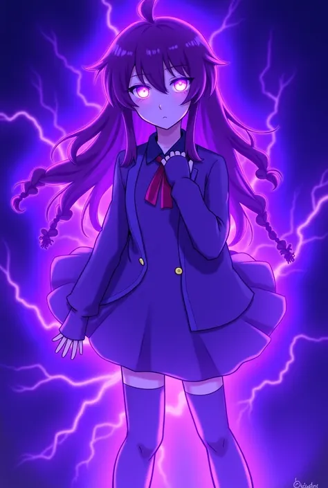 1girl,urple hair, purple eyes, glowing eyes, electricity,Silk stockings, jackets, lightning, Short skirt,Artifacts,purple magic, aura, full body,magic circle, braids,very long hair,hair flowe,tarry sky ,