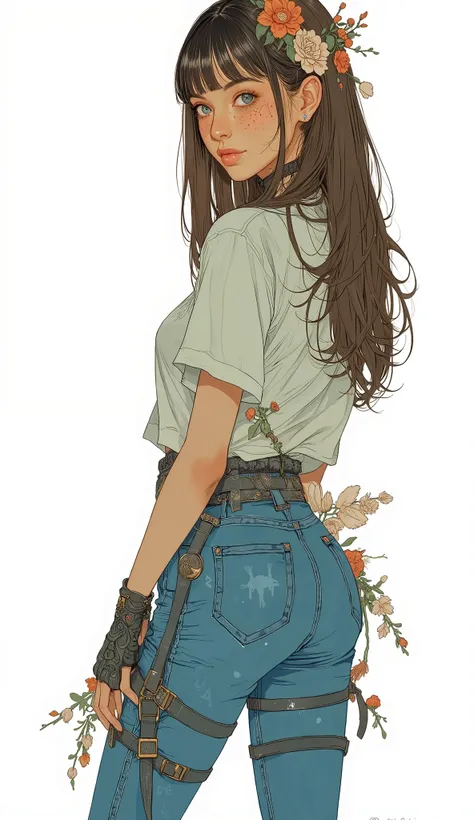  1 girl,  sexy,  enchantment,  blue eyes,  freckles,  closed her mouth,  smirking ,  brown hair,  long hair, bangs with lots of flowers 、  t-shirts,  jeans,  small boobs, Wide hips,  thighs, round ass,  from behind, White background, (  cartoon style  )