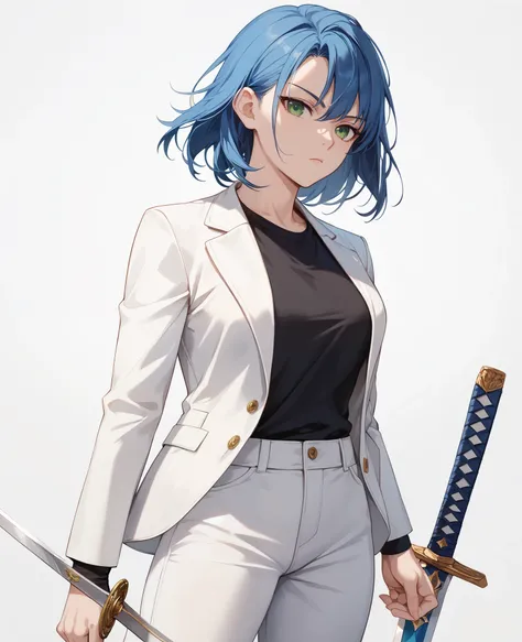  masterpiece,  top quality, ((1 person)),  blue hair , green eyes,  Serious Expression  ,  smiles, cowboy shot, line art , medium hair, white blazer, black t-shirt,expressionless eyes , white pants, Leather Shoes,Hakudo Sword 