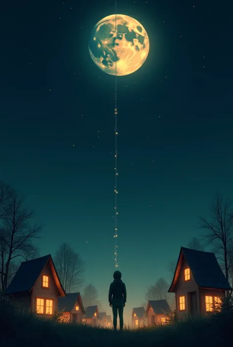 A moon swinging on a string in the sky in the dark of night, from below a  looks at this moon and make sweet houses with lights on around the .