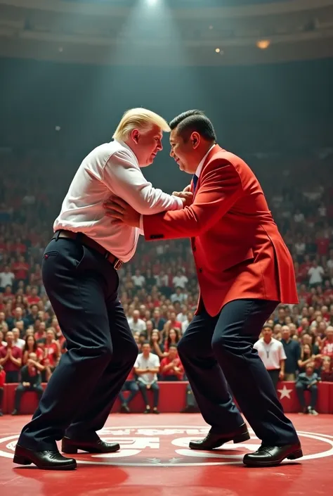 Donald Trump and Xi Jinping Playing wrestling at Wrestling stadium There are a lot of supporters both USA and China