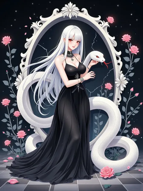 Board illustration,  long white hair,  1girl , whole body,  red eyes,  white skin , Beautiful body ,  wearing a black dress , Exquisite jewelry, Cool, heavy metal,  The background is a broken retro oval snake-framed mirror, White snake wrapped in rose vine...