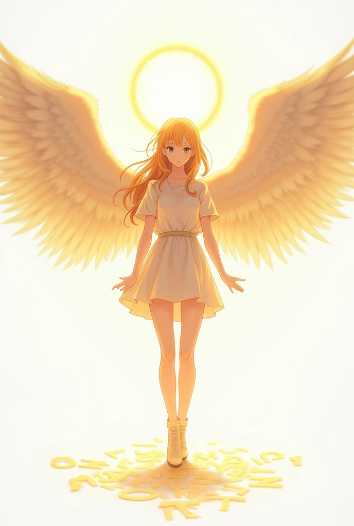 Female angel with wings and aureole in the center leaving free space on the sides and above, bright as the sun with a white background,  something golden because of its shine and some messy letters on the floor,  anime-style