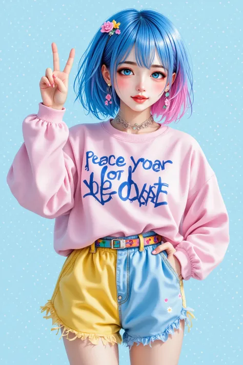 photo realistic,best quality, peace sign, vibrant colors, blue and pink hair, stylish outfit, oversized sweatshirt, bold graphic text, shorts, playful expression, ear accessories, colorful belt, flat design, blue polka dot background, high contrast, minima...