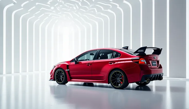 A luxurious white showroom with a 2025 Subaru WRX STI  taking center stage. The futuristic,red vibrant exterior of the  Subaru WRX STI gleams, showcasing its sleek, aerodynamic design and bold accents. The above side  view highlights the cutting-edge innov...