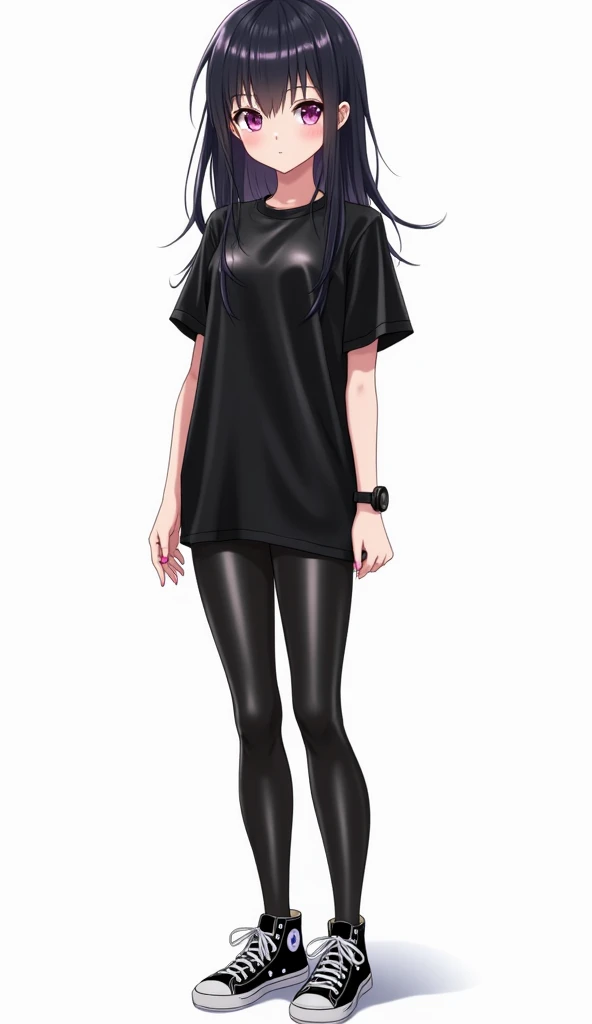 Japanese anime adolescent woman with long black hair and intense magenta eyes and pink nails and wears a black watch and wears a sports outfit consisting of a shiny black t-shirt made of tight leather with visible bare abdomen and shiny black leather leggi...