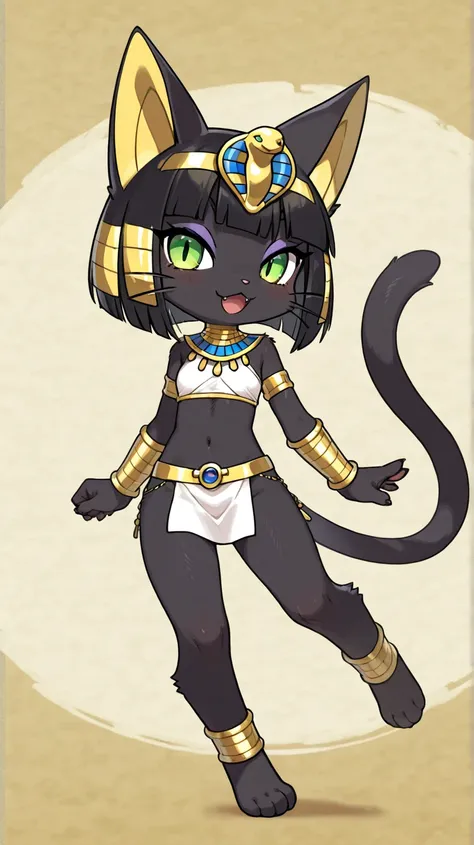 Female furry teenager bastet black cat Egyptian pharaoh pokemon style 