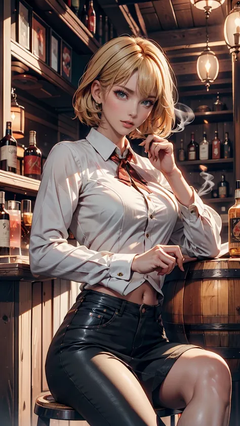  short-haired female cowboy in a western bar, blond, Seated , smoking pipe , table Wisky,piano, 6 round revolver ,barrel, table,Trump,Dust, artwork,3d,4K,  Details, by Nomi