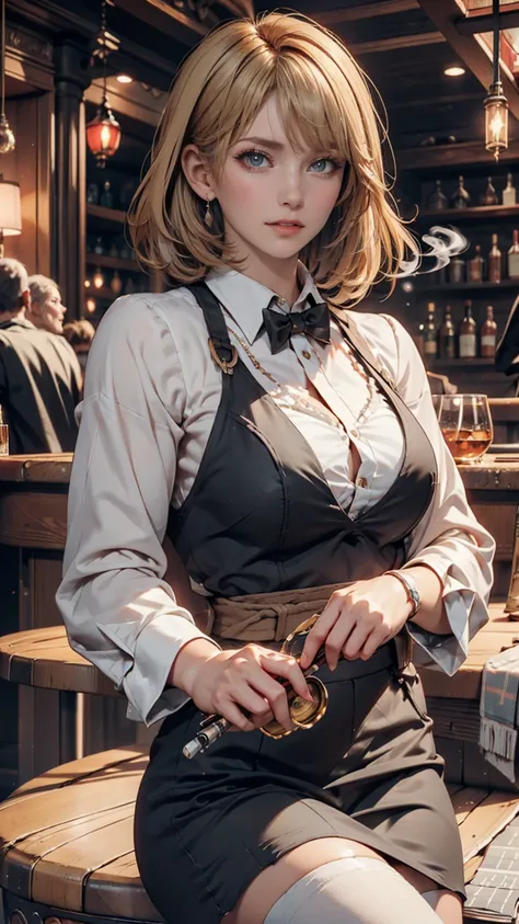  short-haired female cowboy in a western bar, blond, Seated , smoking pipe , table Wisky,piano, 6 round revolver ,barrel, table,Trump,Dust, artwork,3d,4K,  Details, by Nomi