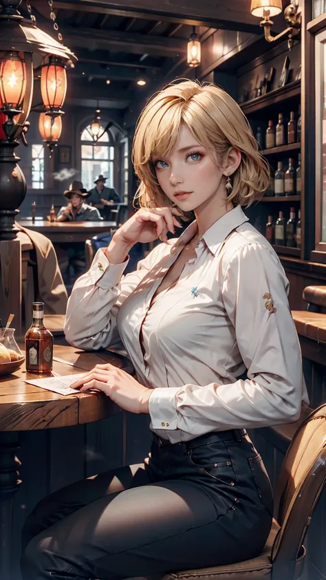  short-haired female cowboy in a western bar, blond, Seated , smoking pipe , table Wisky,piano, 6 round revolver ,barrel, table,Trump,Dust, artwork,3d,4K,  Details, by Nomi