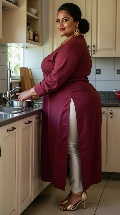 I am 40 year old plus size tall and big giant indian muslim women, looking like indian actresses Adriana Chechik motwani, wearing a gold boarded short hand full length side slit open maroon kurti ,and shining reflective glossy silver short length capri ,go...