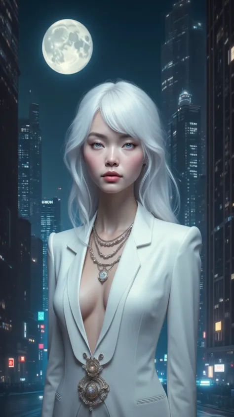  Masterpiece,  top quality, ( solo focus), ( perfect face on the mouth:1.1), ( high detail:1.1),dramatic, 1 person, ( pale skin on a street car), Long white hair, White Eyes, Alone,  long hair, moon,   night ,   white luxury suit ,  covered navel,  plump l...