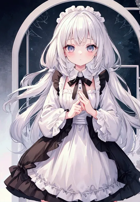  white hair、Gray Hair、 beautiful girl、Cute maid outfit、Fleeting Expression、 white skin、Transparency、 cute、 cute、 girl、 adorable by design、 slender、 Slim、 high image quality、4ｋ