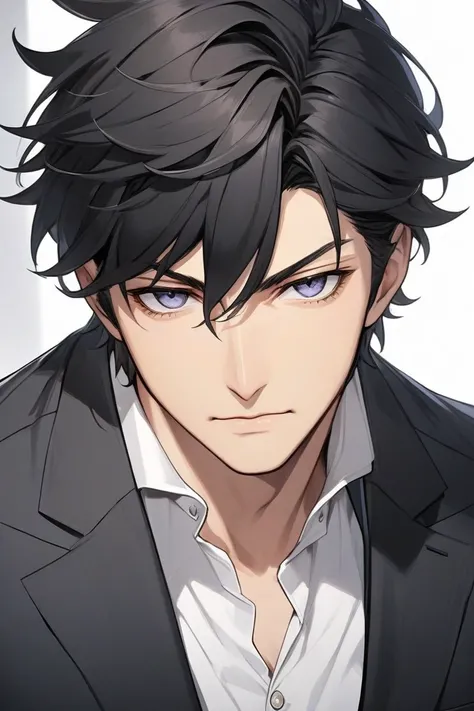 A white man, double eyelids, black hair, handsome, good-looking, suit, sly face, owner of a big game company.