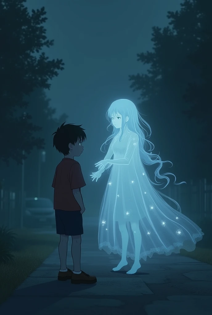 A boy was walking scared. She hugged him like a girl ghost.Road lam in night and fog.in anime 