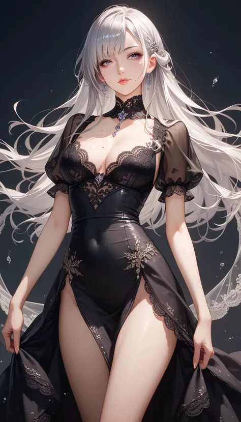 best quality, absurdres, わきDownを見せない, Down,  no background,  becomes transparent when you stare at it {x}, PE, front view, cowboy shot,  perfect beautiful face, Beautiful breasts,  thin legs, skinny, beauty mark, silver long hair, total lace black maxi dre...