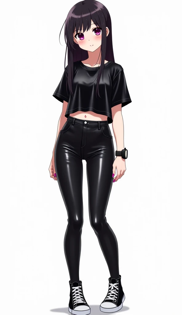 Japanese anime adolescent woman with long black hair and intense magenta eyes and pink nails and wears a black watch and wears a sports outfit consisting of a shiny black t-shirt made of tight leather with visible bare abdomen and shiny black leather leggi...