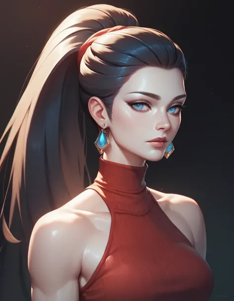 female red sleeveless turtleneck, bare shoulders, racerback, bare toned arms, beautiful faces, black ponytail with showing forehead, long ponytail, earrings, soft smooth skin, pale skin, black background, blue eyes, sci-fi, high contrast