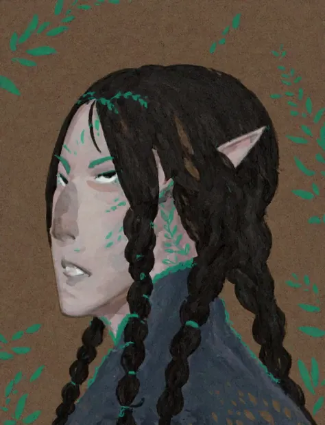 2D ART, hyper detailed gouache painting, illustration, gougoupaintleaves style, portrait of a man, 1boy, solo, long_hair, braided brown hair, high_ponytail_hairstyle, male_drow:1.5, dark elf, black eyes, black_sclera, detailed face, handsome features, dark...