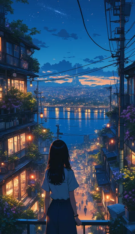 "(anime illustration), (digital illustration) (masterpiece:1.2) a balcony, viewed from behind, overlooking a night-lit city by a river.lding, Busy Town Road, free street, Waste , Nostalgia, ultra high quality , highly detailed , Retro filter, (by sakamicha...