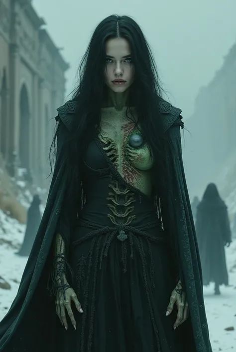 A dark and mystical depiction of Hel, the Norse goddess of the dead. Her body and face are split into two distinct halves: one side appears as a beautiful young Nordic woman with pale skin and long black hair, while the other side is fully cadaverous, with...