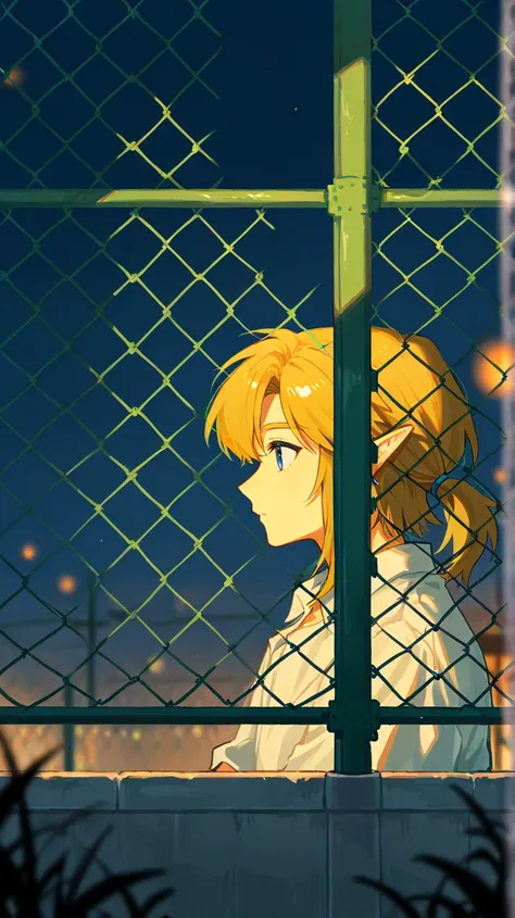 night，Link fence blurred foreground ， I saw a beautiful girl through Link Fence Net，Profile，Alone，Link fence focus。On the roof ， Light and Shadow